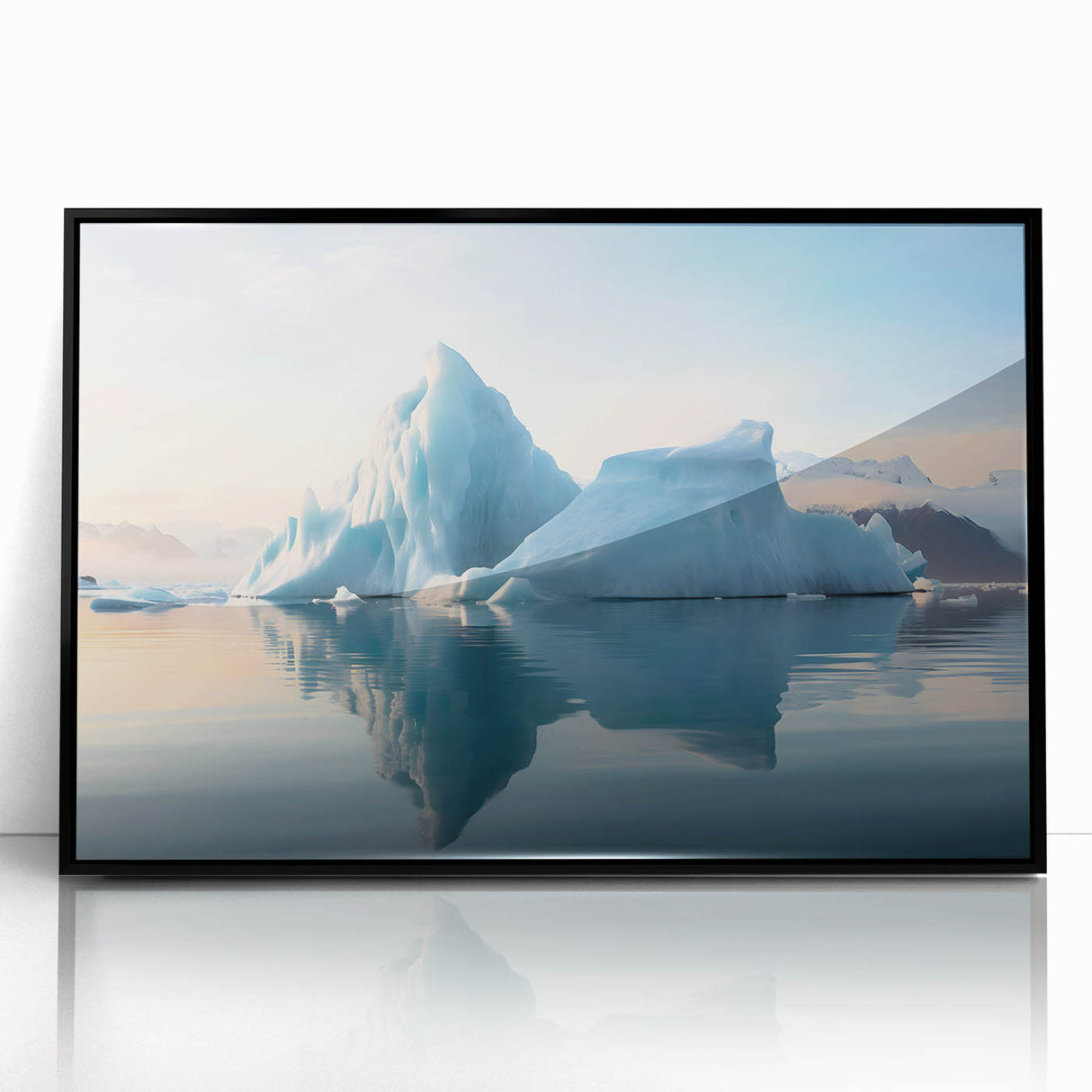 Large abstract wall art of an Antarctic landscape in muted gray and blue tones, framed in black acrylic.