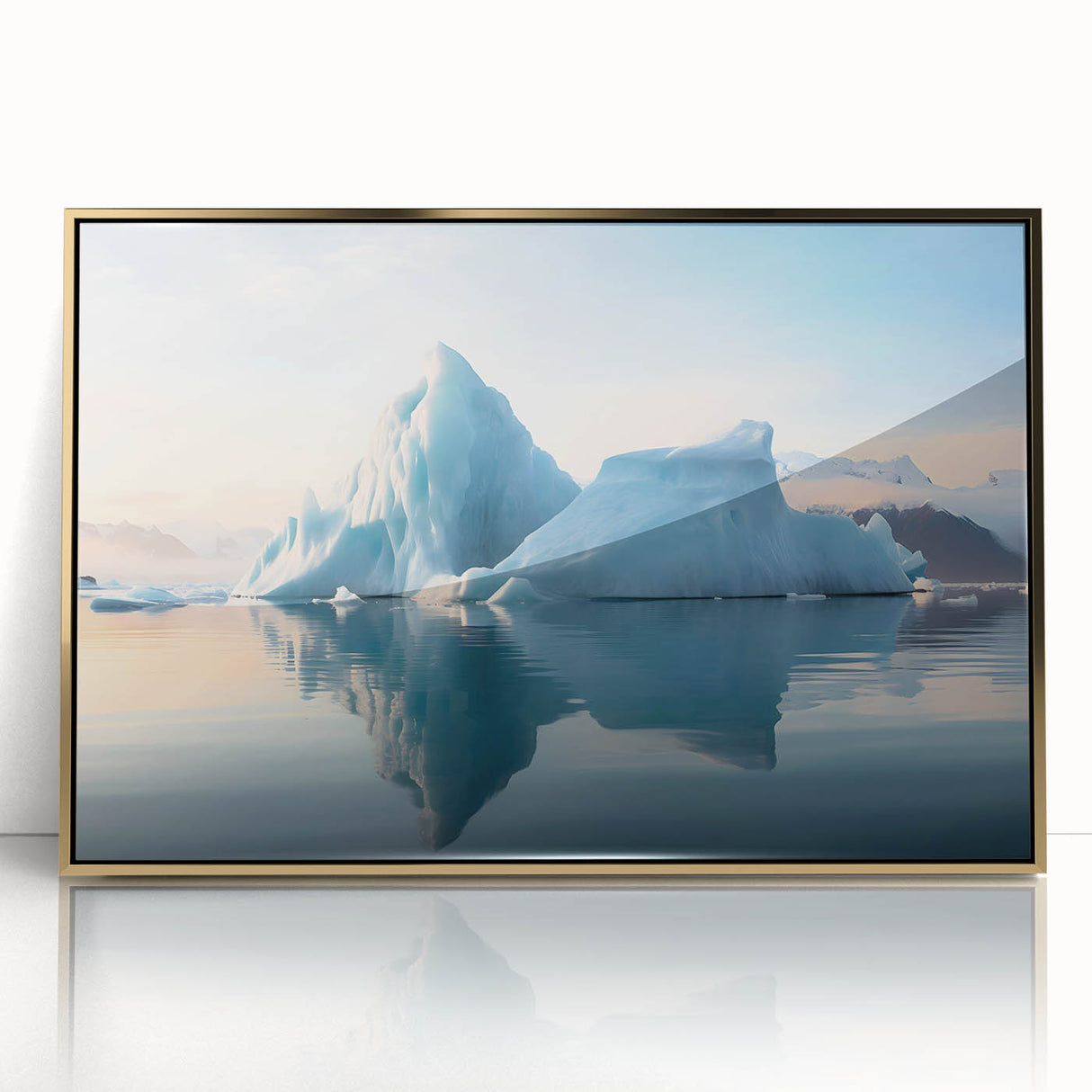 Acrylic print of an Antarctic landscape in muted blues and whites, framed in gold, suitable for modern art wall decor.
