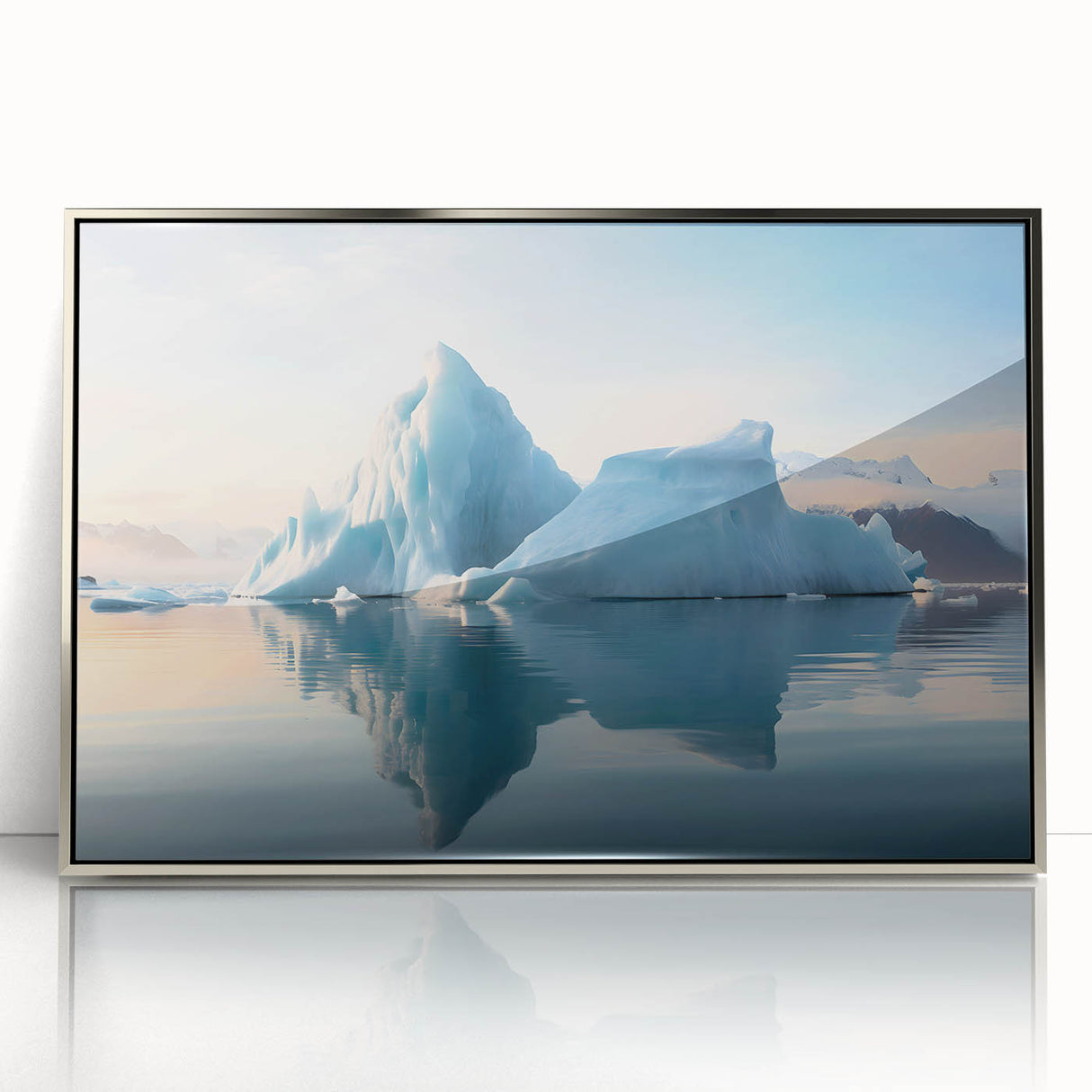 Mid-century modernist Antarctic landscape in muted blue and silver hues, framed acrylic print, suitable for nursery wall art.