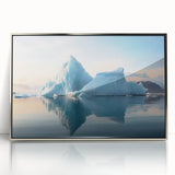Mid-century modernist Antarctic landscape in muted blue and silver hues, framed acrylic print, suitable for nursery wall art.