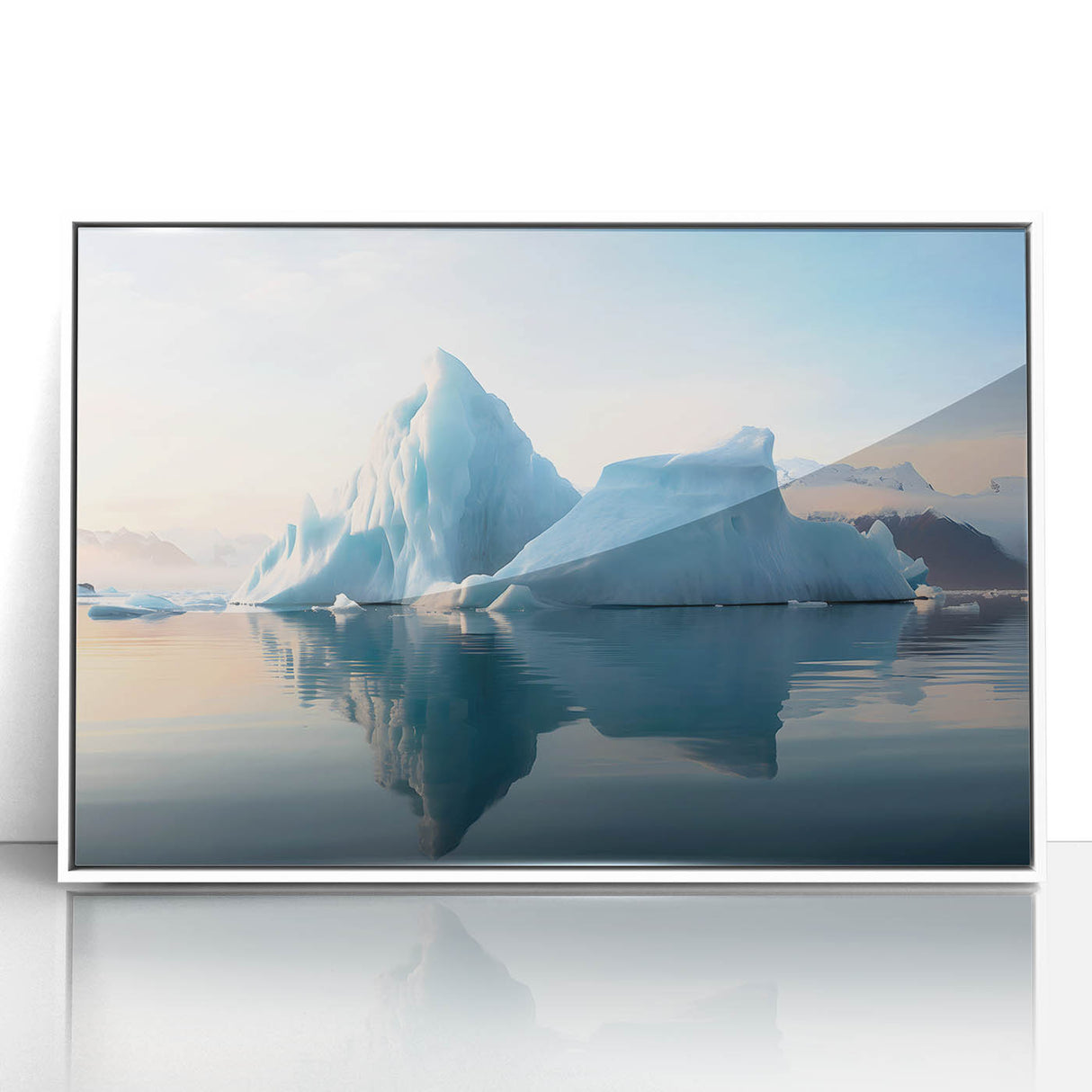 Art deco poster of an Antarctic landscape in muted blue and white tones, framed acrylic, ideal for modern art wall decor.