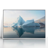 Art deco poster of an Antarctic landscape in muted blue and white tones, framed acrylic, ideal for modern art wall decor.
