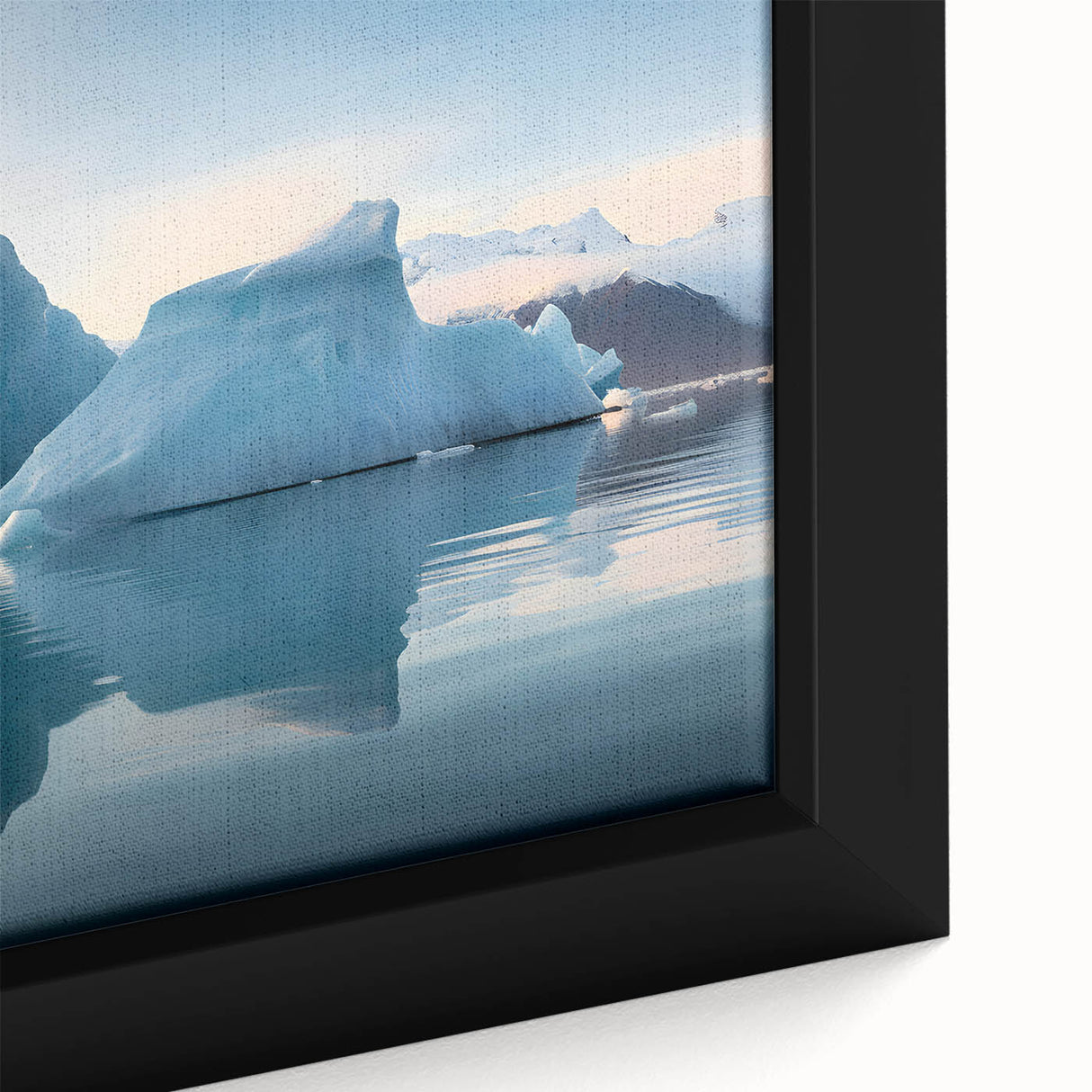 Extra large framed canvas featuring a textured depiction of the Antarctic scenery in black with colorful art accents.