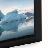 Extra large framed canvas featuring a textured depiction of the Antarctic scenery in black with colorful art accents.