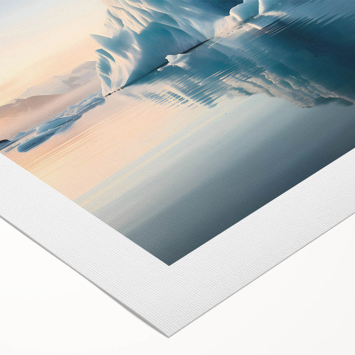 Art deco poster depicting a serene Antarctic landscape in cool blue tones on rolled canvas.