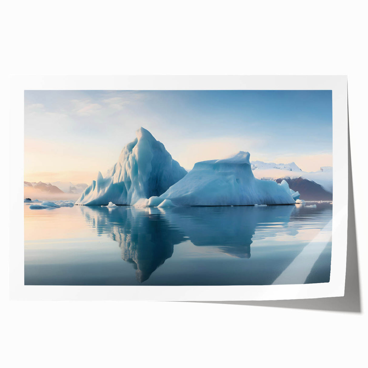 Antarctic landscape on rolled canvas with muted blue and white tones, ideal for dining room wall art.