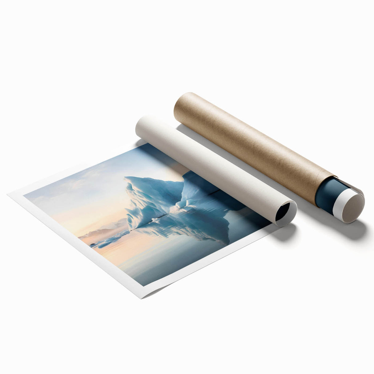 Antarctic landscape with muted blue and white tones on a rolled canvas, suitable for classy bathroom wall art.