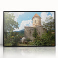 Large abstract wall art depicting an Asian scenery in muted earth tones, framed in black acrylic.