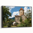 Black and white framed canvas of an Azerbaijani landscape, featuring vintage poster art style, ideal for bedroom wall decor.