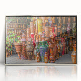 Mid-century modernist art depicting a serene Bangladesh landscape in muted earth tones on a silver-framed acrylic print.