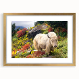 Extra large abstract art print of Bhutan scenery in muted earth tones, framed in gold, ideal for living room decor.