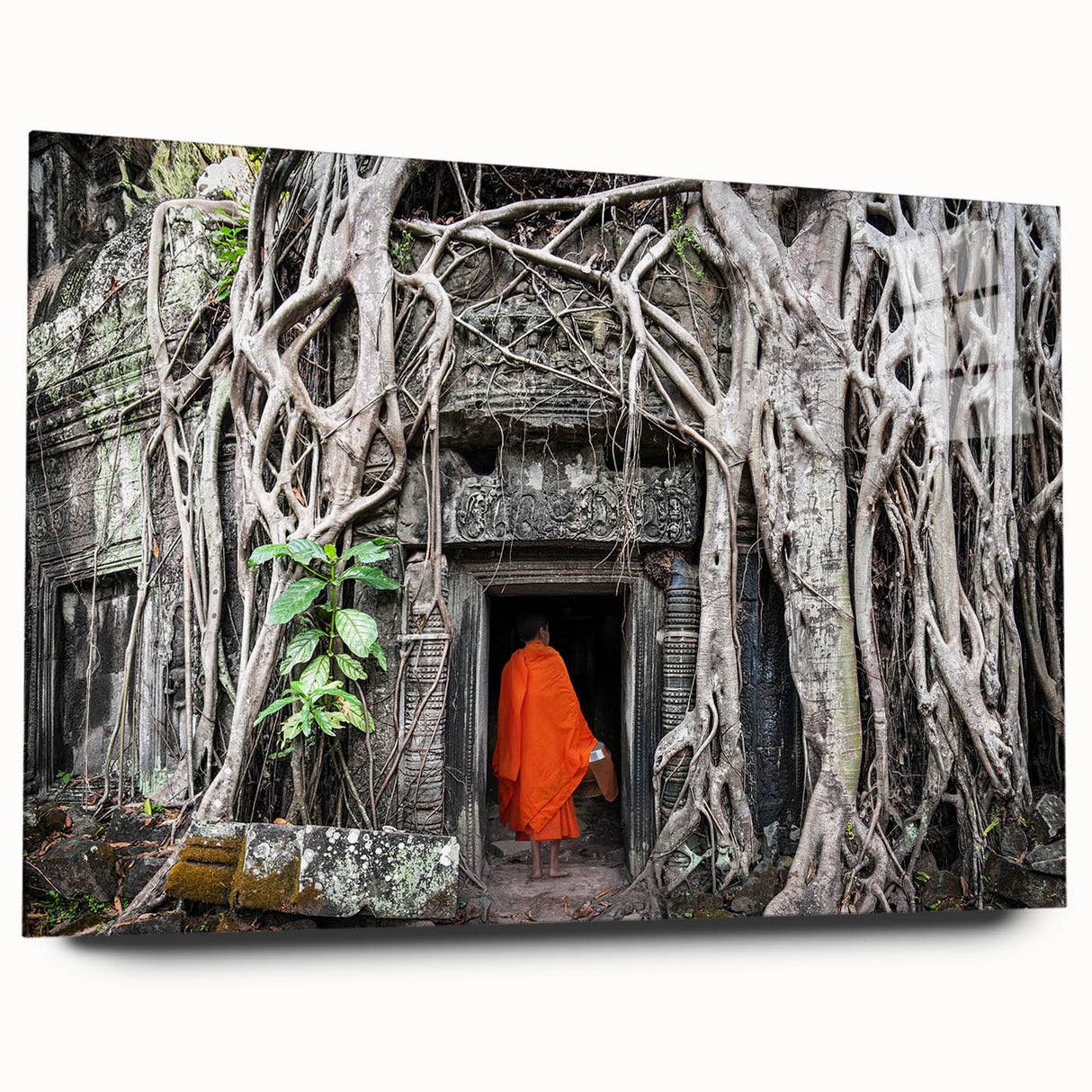 Acrylic print of a large abstract wall art depicting a Cambodian landscape in muted earth tones.