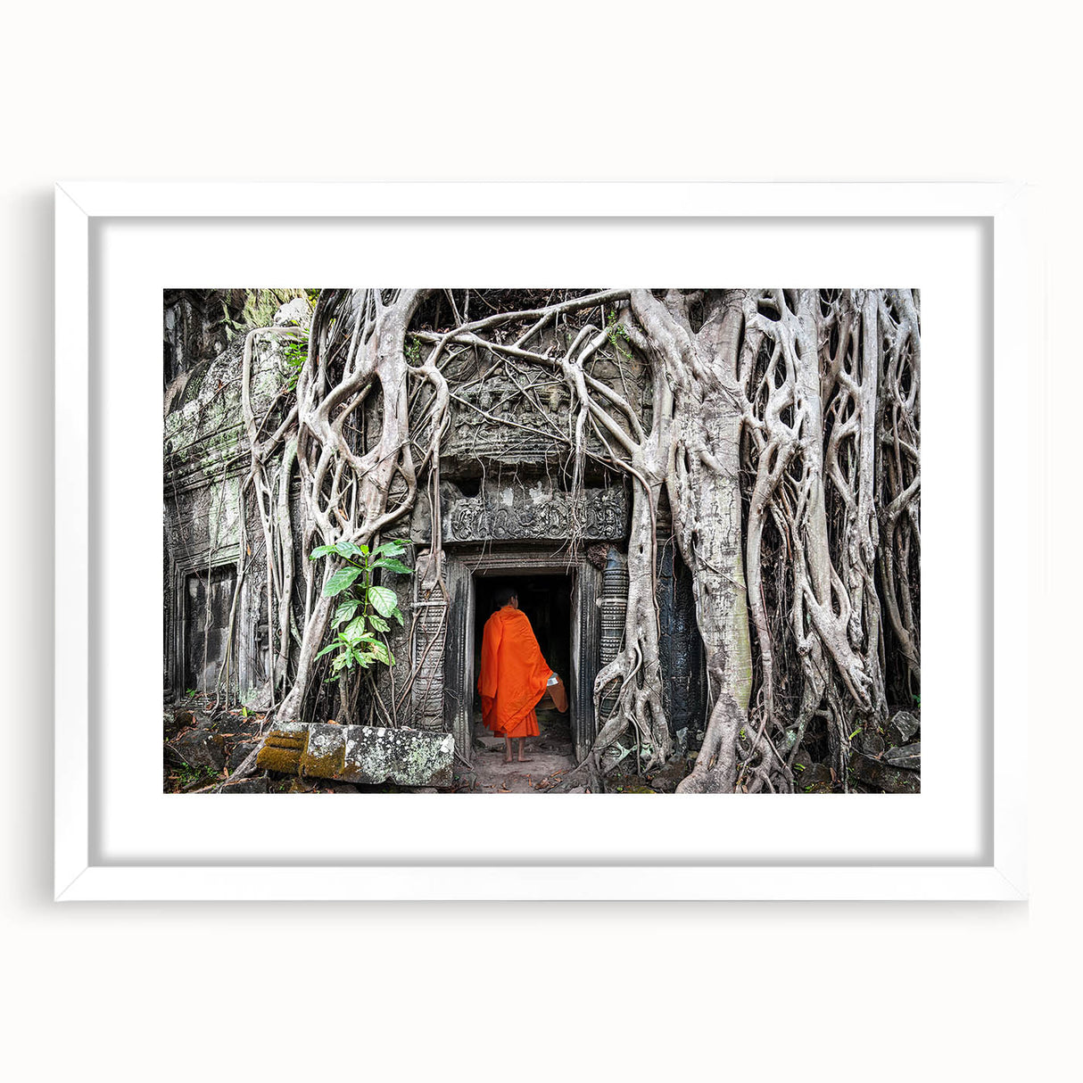 Abstract art print of a Cambodian landscape in muted earth tones on a framed white mat, ideal for dining room decor.