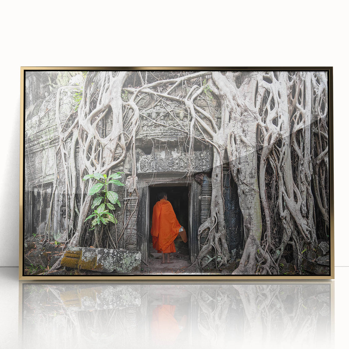 Large acrylic print of a Cambodian landscape in muted earth tones, framed in gold, suitable for modern art wall decor.