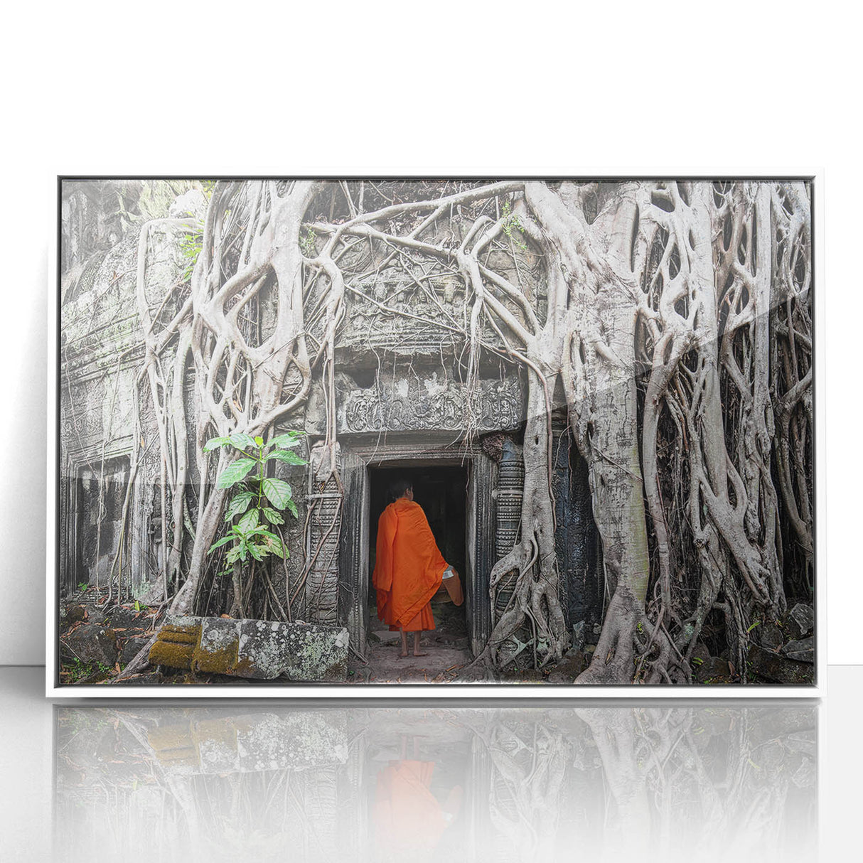 Art deco poster of a Cambodian landscape in muted green and blue tones, framed acrylic.