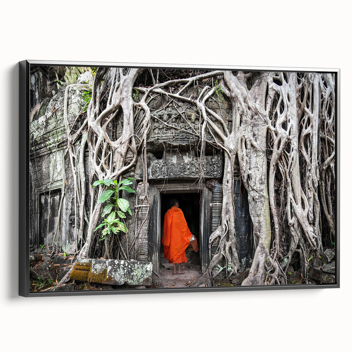 Black and white framed canvas featuring a vintage poster art style landscape of Cambodia, ideal for bedroom decor.