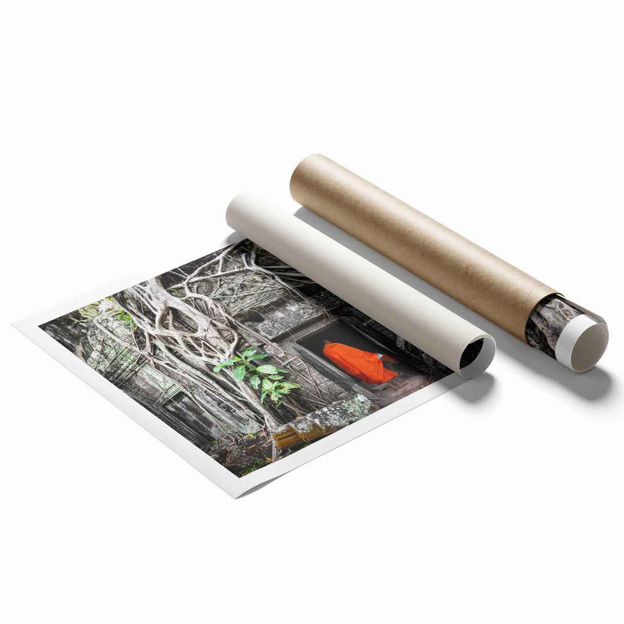 Extra large rolled print featuring a serene Cambodian landscape with lush greenery and a tranquil lake.