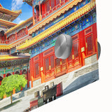 Large abstract wall art of Beijing's skyline in muted gray and blue tones on acrylic glass, ideal for dining room art.