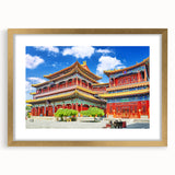 Extra large abstract art print of a textured Beijing scenery in gold frame, ideal for living room decor.