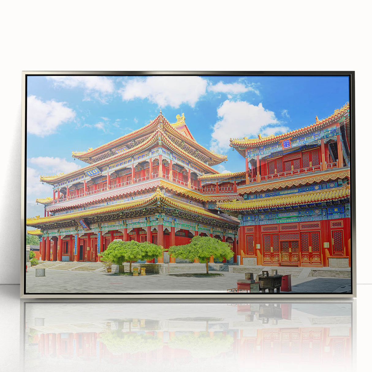 Mid-century modernist art depicting the Beijing skyline in muted silver tones on framed acrylic.