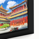 Extra large framed canvas depicting a textured, colorful Beijing cityscape in black with vibrant accents.