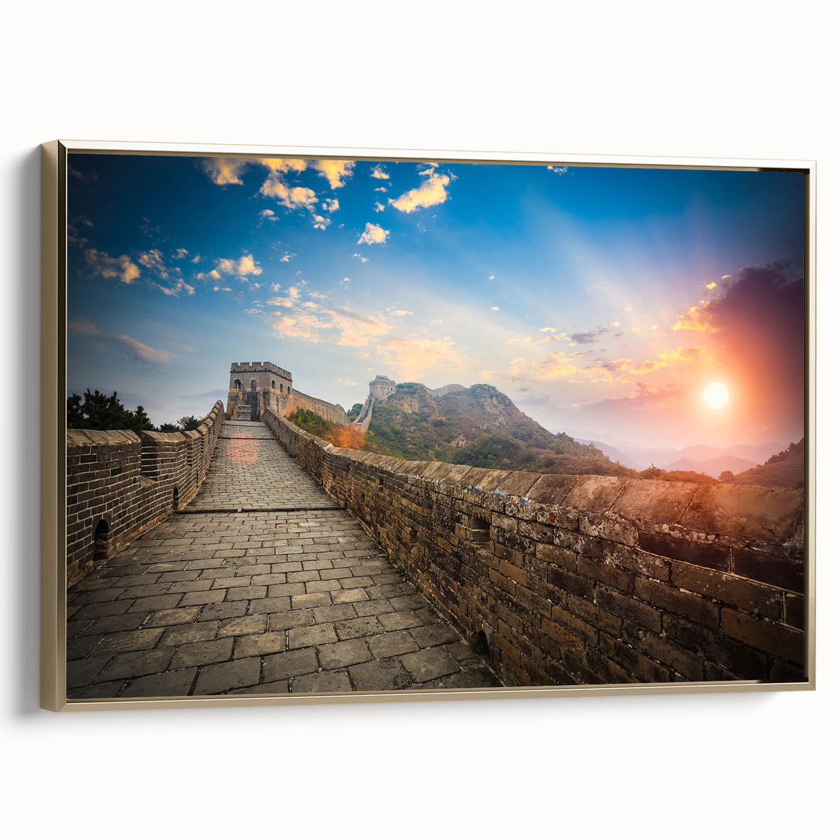 Framed canvas featuring a vintage-style landscape painting of the Great Wall of China in black and gold tones.