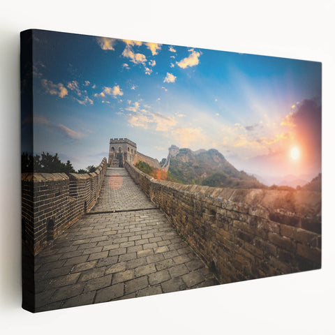 Side view of a large canvas print depicting the Great Wall of China in muted earth tones, ideal for kitchen wall art.