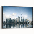 Framed canvas of a black and white vintage poster art featuring the Shanghai skyline, ideal for bedroom wall decor.