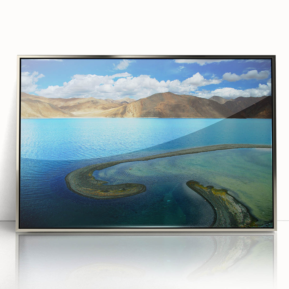 Mid-century modernist acrylic print depicting a serene Tibetan landscape in muted earth tones, ideal for nursery wall art.