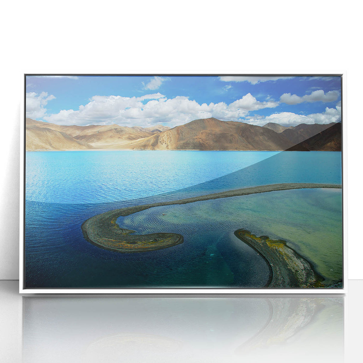 Acrylic print of a Tibetan landscape in muted earth tones, framed in white, suitable for modern art wall decor.