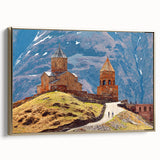 Framed canvas depicting a vintage-style landscape of the Georgian countryside in gold and black tones.