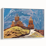 Vintage poster art of a Georgian Asian landscape in vibrant colors on a large framed canvas, ideal for living room decor.