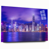 Acrylic print of Hong Kong skyline in muted gray and blue tones, suitable for bedroom or dining room decor.