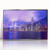 Mid-century modernist art of Hong Kong skyline in muted silver tones on a framed acrylic, ideal for modern art wall decor.