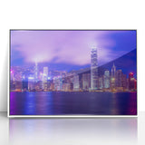 Framed acrylic print of Hong Kong skyline in art deco style with muted color palette, ideal for modern art wall decor.