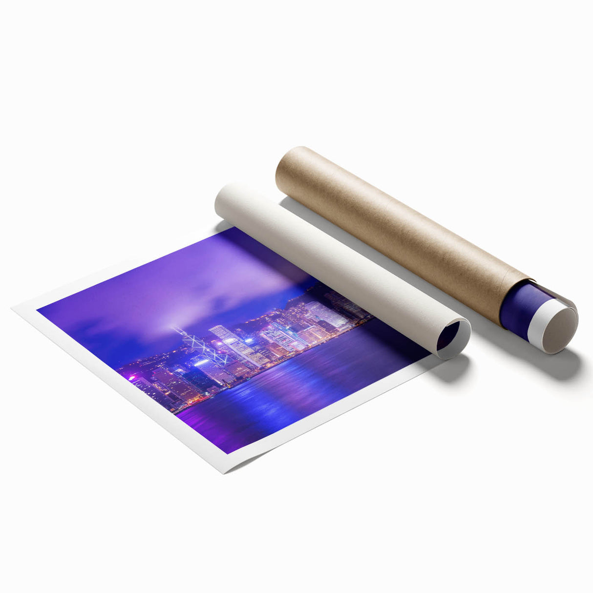 Extra large rolled print of Hong Kong scenery with floral accents in muted colors.