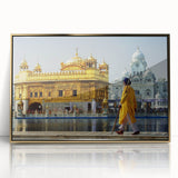 Framed acrylic print of a stylized Indian scenery in gold tones, ideal for modern art wall decor.