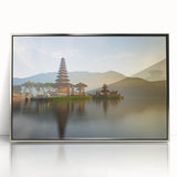 Mid-century modernist art depicting a serene Indonesian landscape in muted earth tones, framed acrylic.
