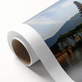 Art Deco style poster of an Indonesian landscape on rolled canvas, featuring muted earth tones, ideal for nursery wall art.
