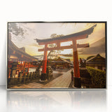 Mid-century modernist art depicting a serene Kyoto landscape in muted colors on a silver-framed acrylic print.