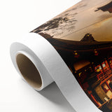 Art deco poster of Kyoto scenery in muted earth tones on rolled canvas, suitable as nursery wall art or dining room decor.