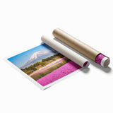 Extra large rolled print of Mount Fuji with pastel shades of floral accents, ideal for classy bathroom wall art.