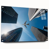 Acrylic print of Tokyo skyline in muted gray and blue tones, ideal for bedroom or dining room decor.