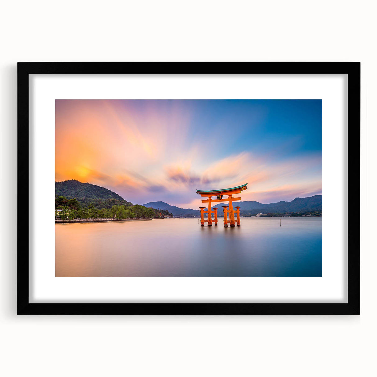 Extra large abstract art print featuring a colorful, textured depiction of a Japanese scenery on a framed black mat.