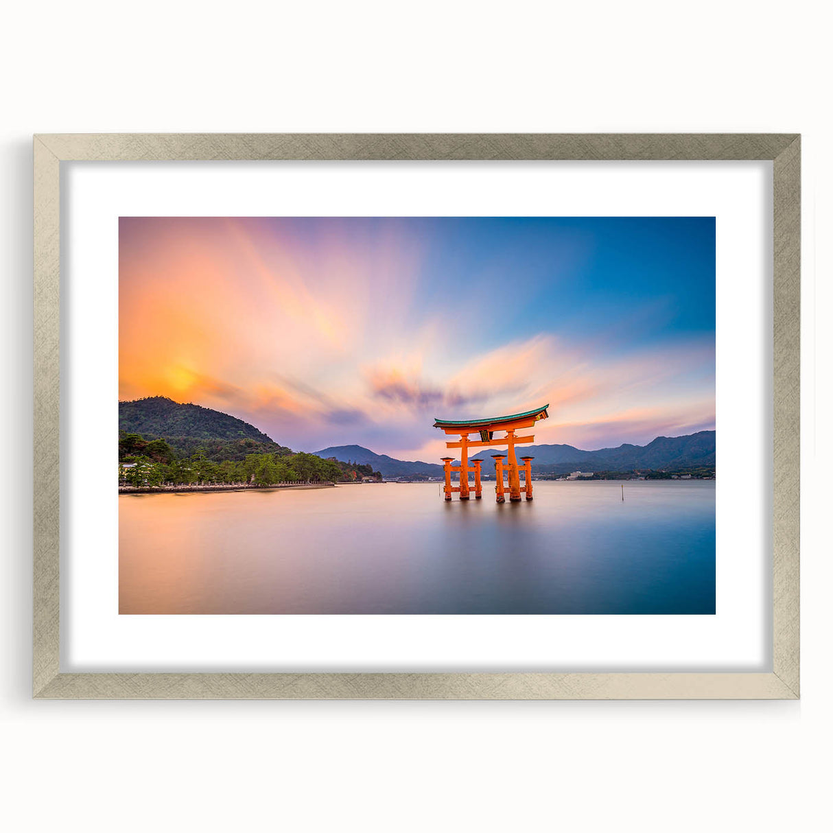 Textured abstract art print of a serene Japanese landscape in muted earth tones, framed in silver, ideal for bedroom art.