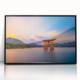 Large abstract wall art depicting a serene Japanese landscape in muted earth tones, framed in black acrylic.