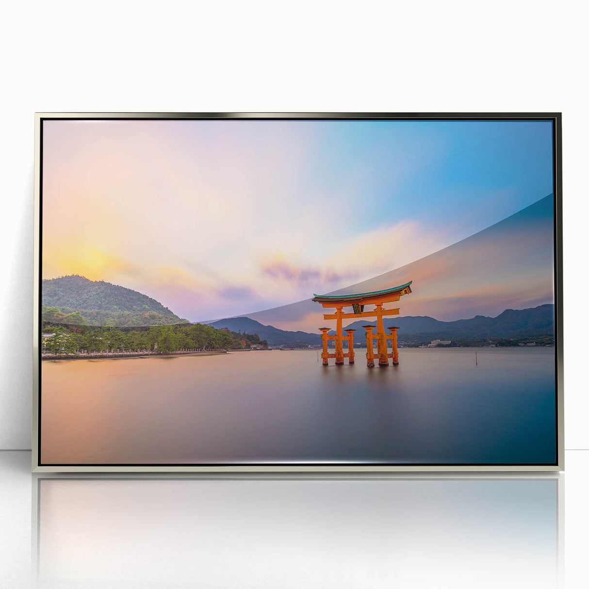 Mid-century modernist art depicting a serene Japanese landscape in muted earth tones on a framed acrylic print.