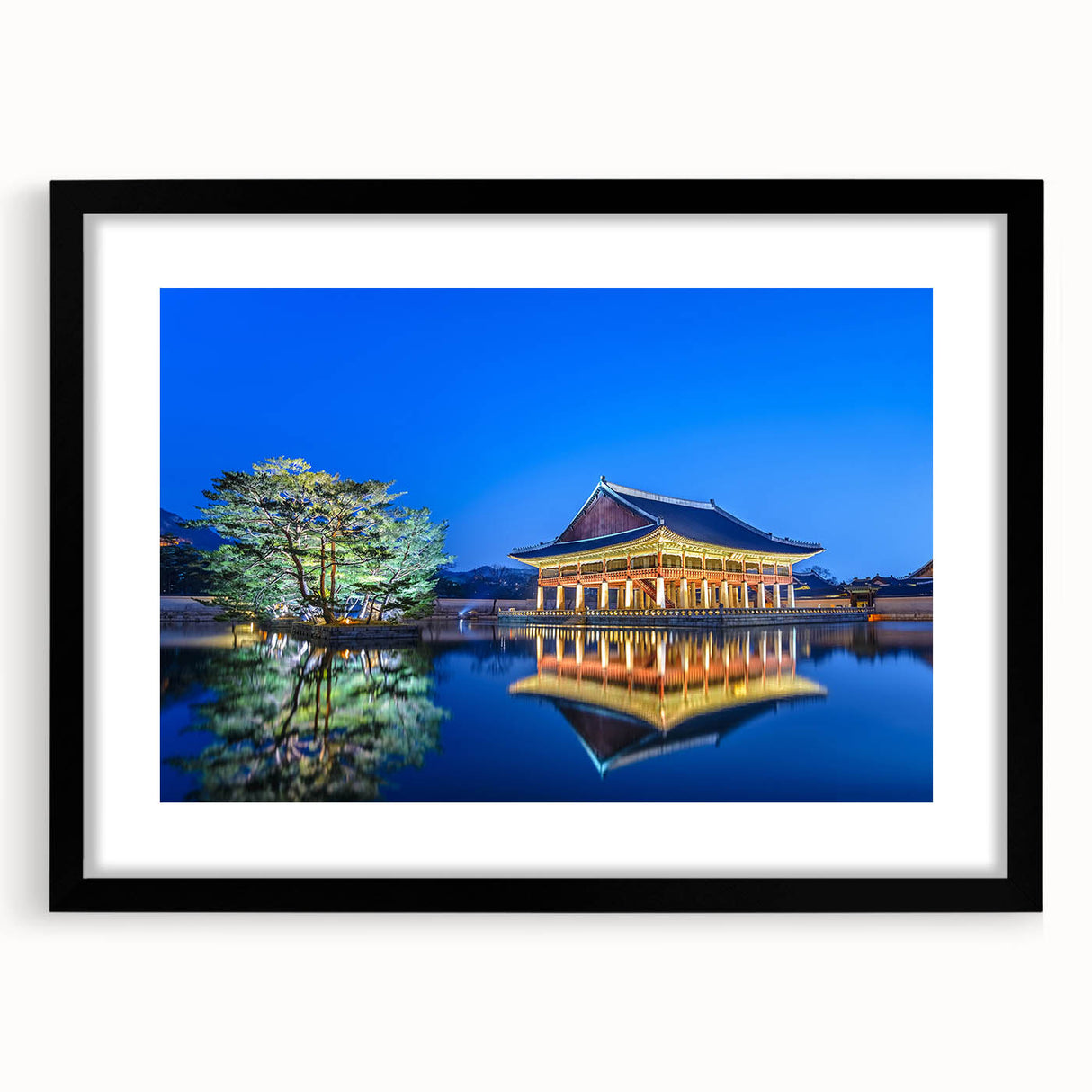 Extra large abstract art print of colorful Seoul skyline, textured style on black framed canvas, ideal for living room decor.