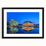 Extra large abstract art print of colorful Seoul skyline, textured style on black framed canvas, ideal for living room decor.