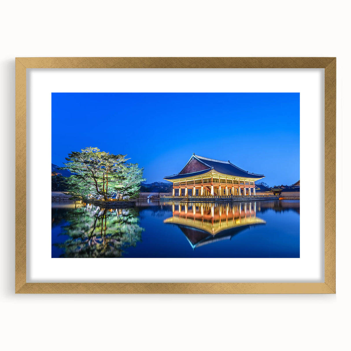 Extra large abstract art print of Seoul skyline in textured gold frame, ideal for living room decor.